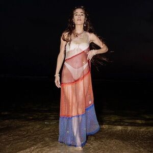 Queen of Sparkles beaded Mesh One Shoulder Asymmetrical Swim‎ Coverup Sz M